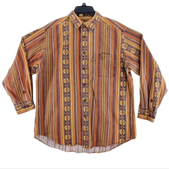 Woolrich Flannel Shirt Mens L Orange Yellow Stripe Persimmon Aztec Ombre L/S - Picture 1 of 14